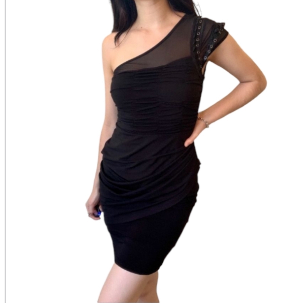 Bebe Black One Shoulder Mesh & Metal Dress Size XS